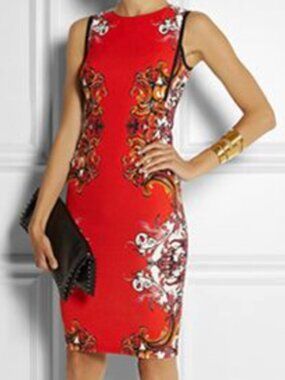 Roberto Cavalli | Size 8 (IT 44) | Red/Orange/Black Sheath with Baroque Pattern